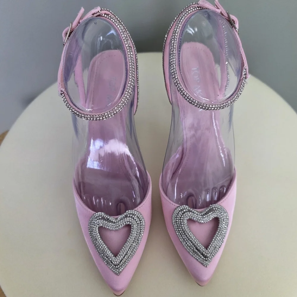 TOP MODA Pink Satin Freya Pointed Toe Sparkly Heart Ankle Strap Heel, Size 6.5